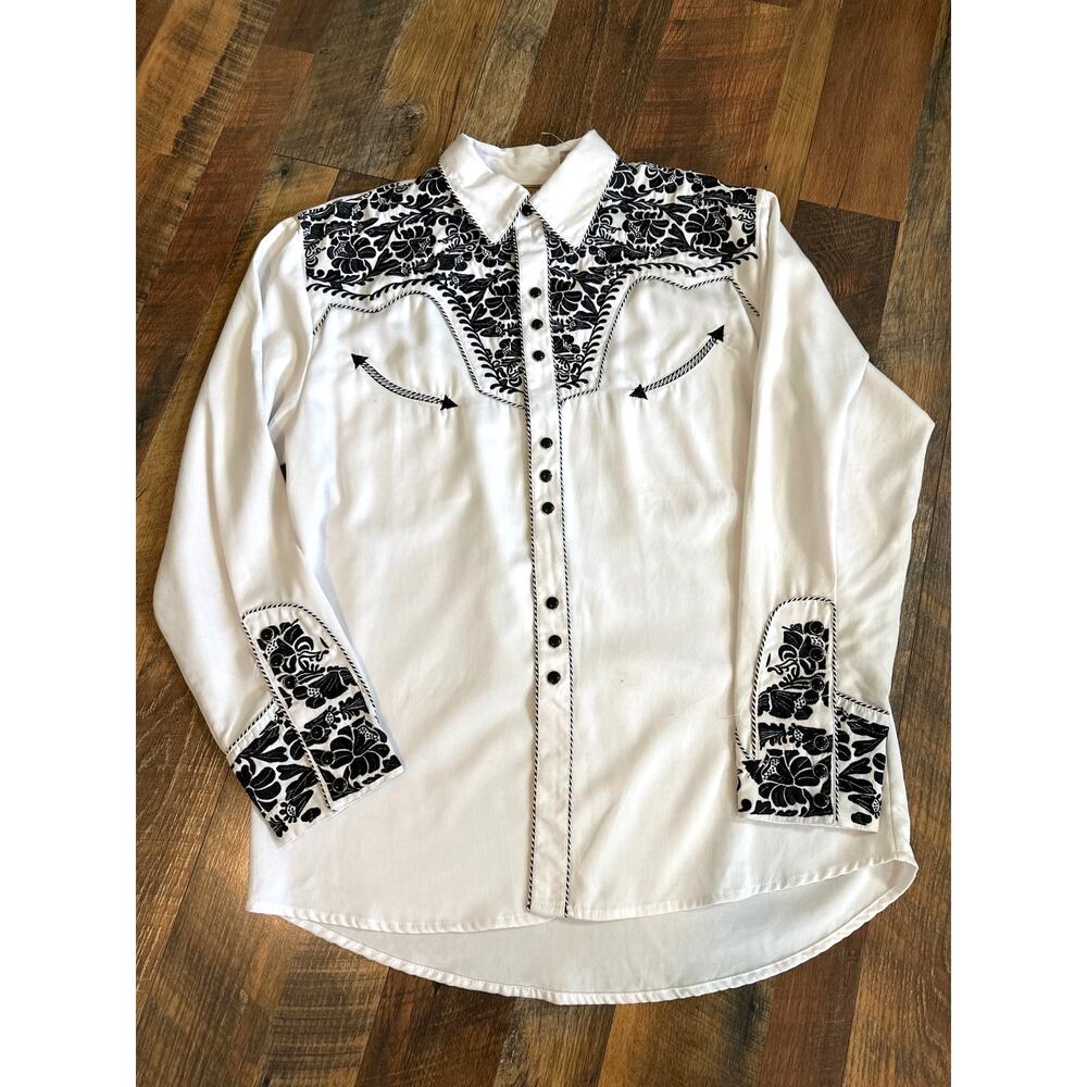 Scully Men's Floral Embroidery Black White Snap Shirt P-634 Size Medium Western